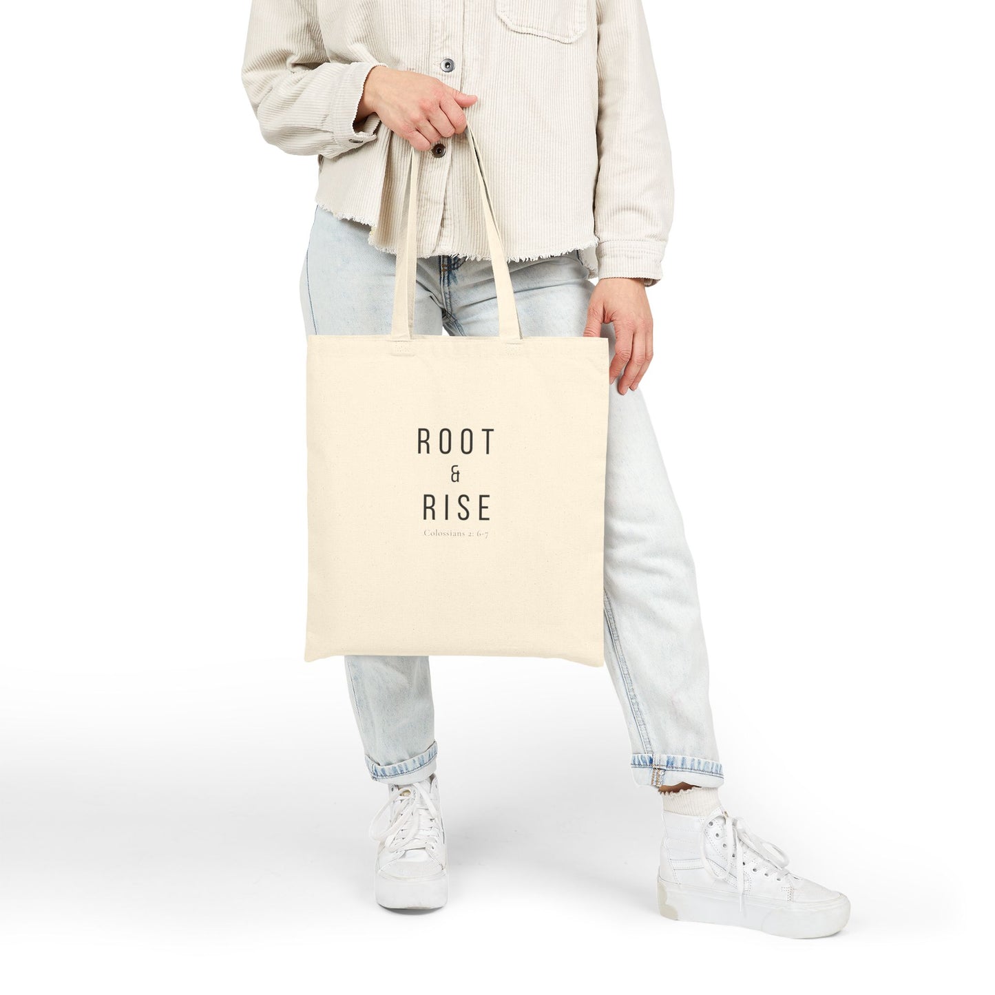 Root and Rise Christian Tote Bag — Root and Rise Co. — Colossians 2:6-7 Cotton Canvas Tote